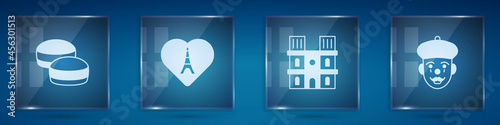 Set Macaron cookie, Eiffel tower with heart, Notre Dame de Paris and French mime. Square glass panels. Vector