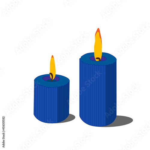 Two blue wax candles of different sizes, isolated vector illustration.