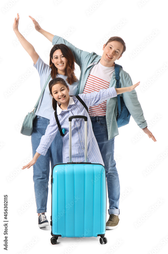 Happy family with luggage on white background. Concept of tourism Happy family with luggage on white background. Concept of tourism