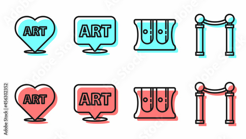 Set line Pencil sharpener, Heart with text art, Speech bubble with text art and Exhibition of paintings icon. Vector
