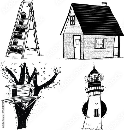 set of sketch style drawings of places