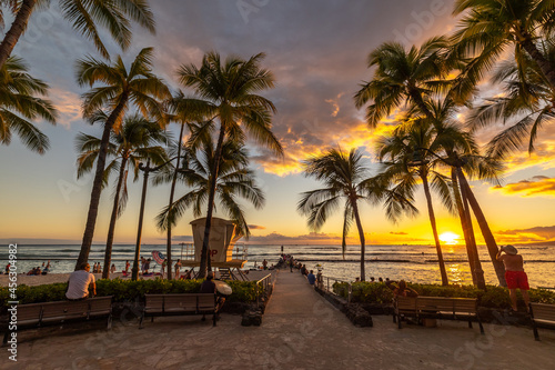 Waikiki beach sunset in Hawaii