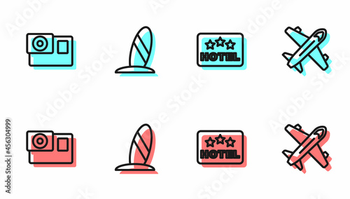 Set line Signboard with text Hotel, Action camera, Surfboard and Plane icon. Vector