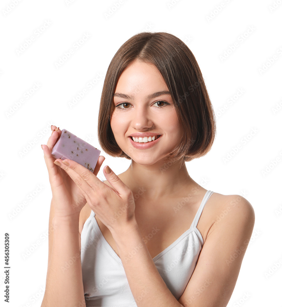 Beautiful young woman with soap on white background Beautiful young woman with soap on white background