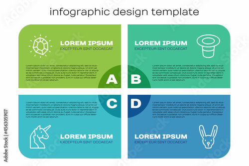 Set line Unicorn, Magic stone, Rabbit with ears and hat. Business infographic template. Vector