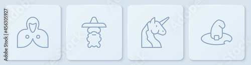 Set line Mantle, cloak, cape, Unicorn, Wizard warlock and Witch hat. White square button. Vector
