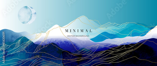 Mountain background vector. Minimal landscape art with watercolor brush and golden line art texture. Abstract art wallpaper for prints, Art Decoration, wall arts and canvas prints. 