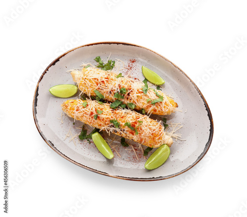 Plate with tasty Elote Mexican Street Corn on white background