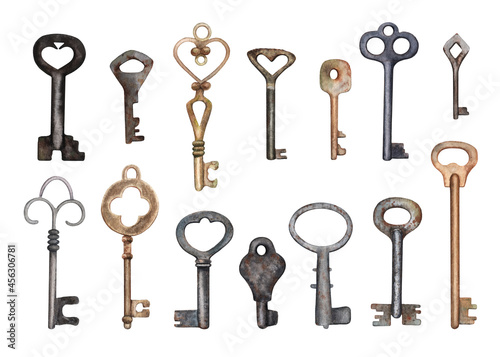 Watercolor collection of keys in vintage style isolated on white background. Vintage illustration for scrapbooking, stickers, decor. photo