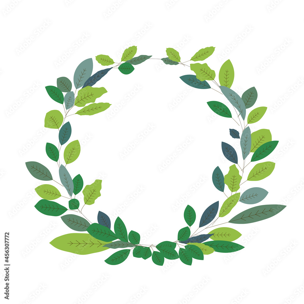 Leaf Wreath with Copy Space. Green leaves in circle frame. Elements for inspirational quotes, wedding,greeting card,template, poster,print ,celebration.Vector Illustration.