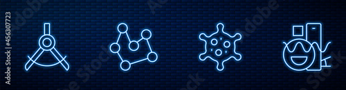 Set line Virus, Drawing compass, Chemical formula and Basic geometric shapes. Glowing neon icon on brick wall. Vector