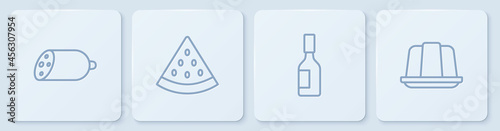 Set line Salami sausage, Tabasco sauce, Watermelon and Jelly cake. White square button. Vector