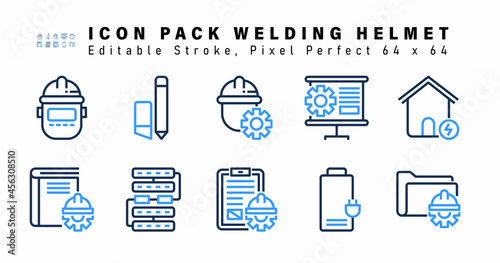 Icon Set of Welding Helmet Two Color Icons. Contains such Icons as Power House, Book Setting, Network, Clipboard Document Setting etc. Editable Stroke. 64 x 64 Pixel Perfect