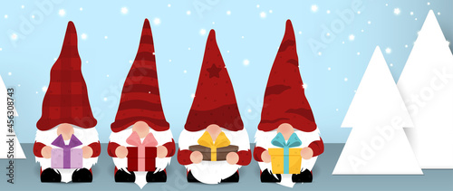 Set of cute Gnomes or Santa Claus cartoon characters wearing red hats holding colorful gift boxes on light blue background.Christmas day symbol bearded cartoon character collection.Vector illustration