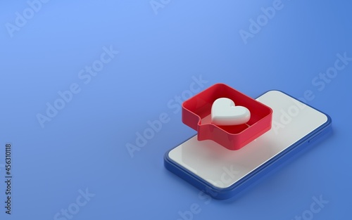 3d illustration of isometric view phone with like notification icon on top and side