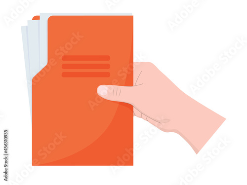 Hand holds a red folder with documents. 