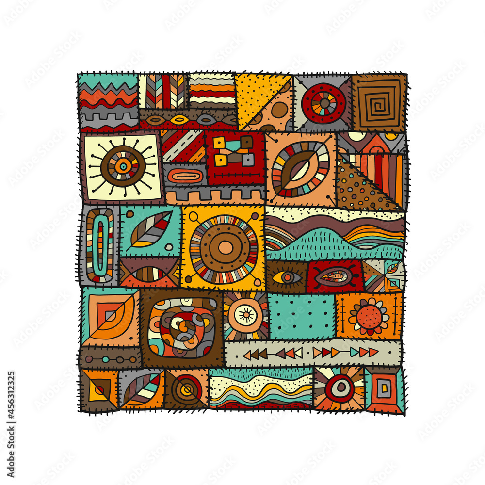 Sewn pieces of fabric in a patchwork style. Ethnic Ornament for your design. Sewn pieces of fabric in a patchwork style. Ethnic Ornament for your design.