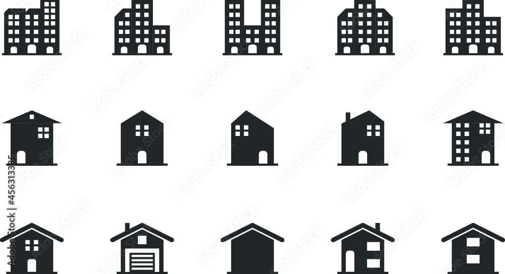 Set of 15 building icons, such as house or home city, apartment, condominium, town, real estate, Property architecture residential .Design symbols Icon for web Vector Line. Editable Stroke. Elements 