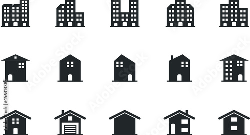 Set of 15 building icons, such as house or home city, apartment, condominium, town, real estate, Property architecture residential .Design symbols Icon for web Vector Line. Editable Stroke. Elements 