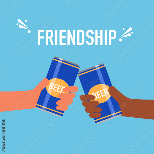 Cheers beer can for friendship in flat design. Friends drink beer together.