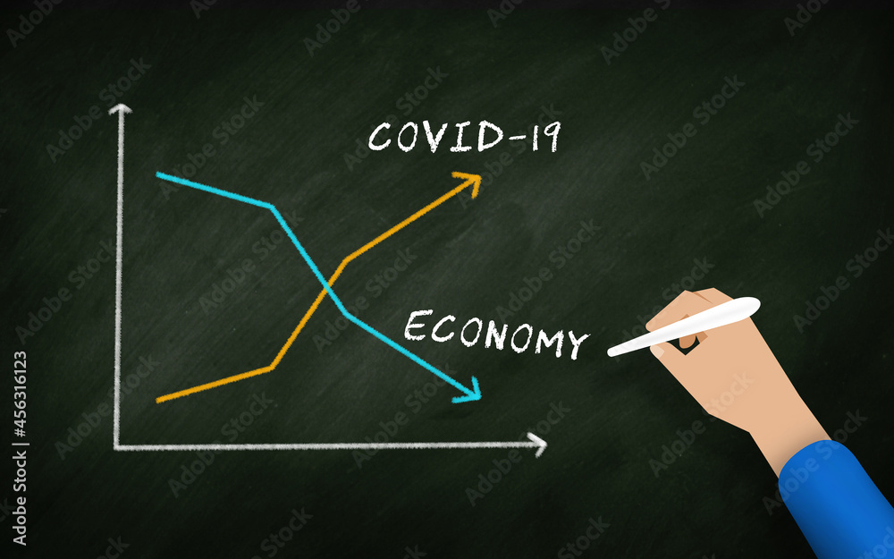 Evolution of Covid-19 and Economy Concept. Covid and Economy Graph In Blackboarded illustrated by businessman hand. Economy  Versus  Covid-19 development . Economic Crisis