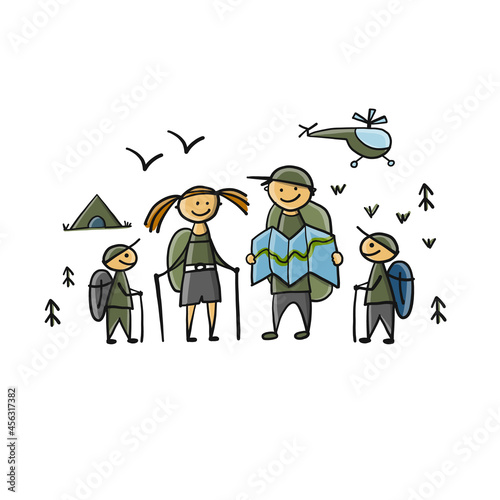 Hiking tourists family with map and backpacks. Characters for your design