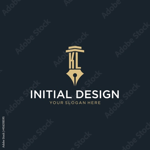KL monogram initial logo with fountain pen and pillar style