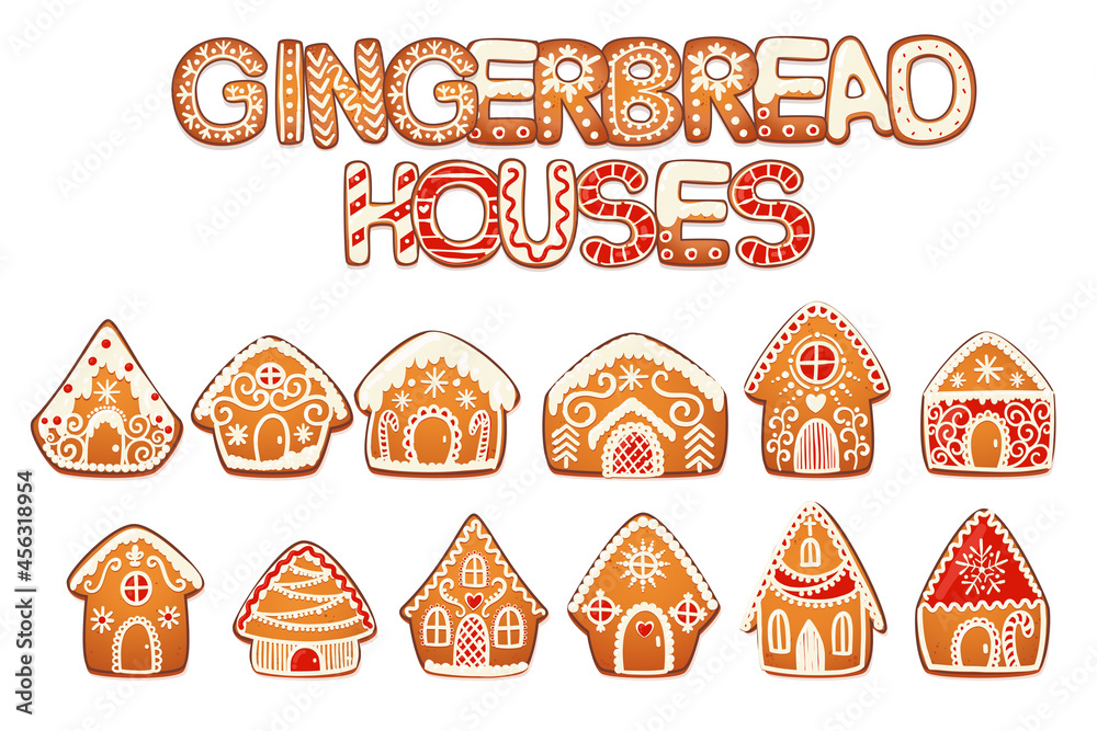 Gingerbread Houses Set. Cute Christmas Traditional Cookie with white icing decoration. Vector illustration. Gingerbread Houses Set. Cute Christmas Traditional Cookie with white icing decoration. Vector illustration.