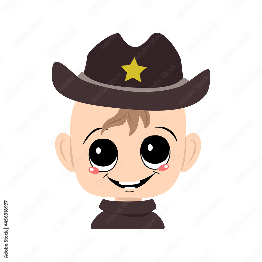 Avatar of a child with big eyes and a wide smile in a sheriff hat with a yellow star. Cute kid with a joyful face in a carnival costume. Head of adorable baby with happy emotions