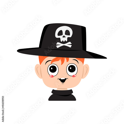 Avatar of a boy with red hair, big eyes and a wide happy smile wearing a hat with a skull. The head of a child with a joyful face. Halloween party decoration