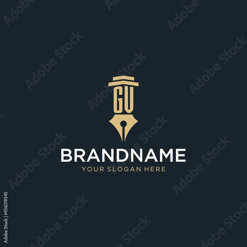 GV monogram initial logo with fountain pen and pillar style