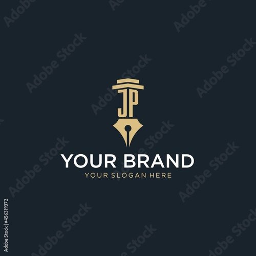 JP monogram initial logo with fountain pen and pillar style