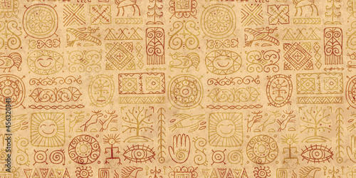 Ethnic handmade ornament, Folk Vintage Symbols. Grunge Seamless Pattern for your design