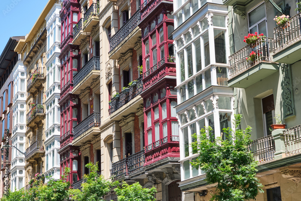Naklejka premium Some classic house facades of the old town of Bilbao in Spain
