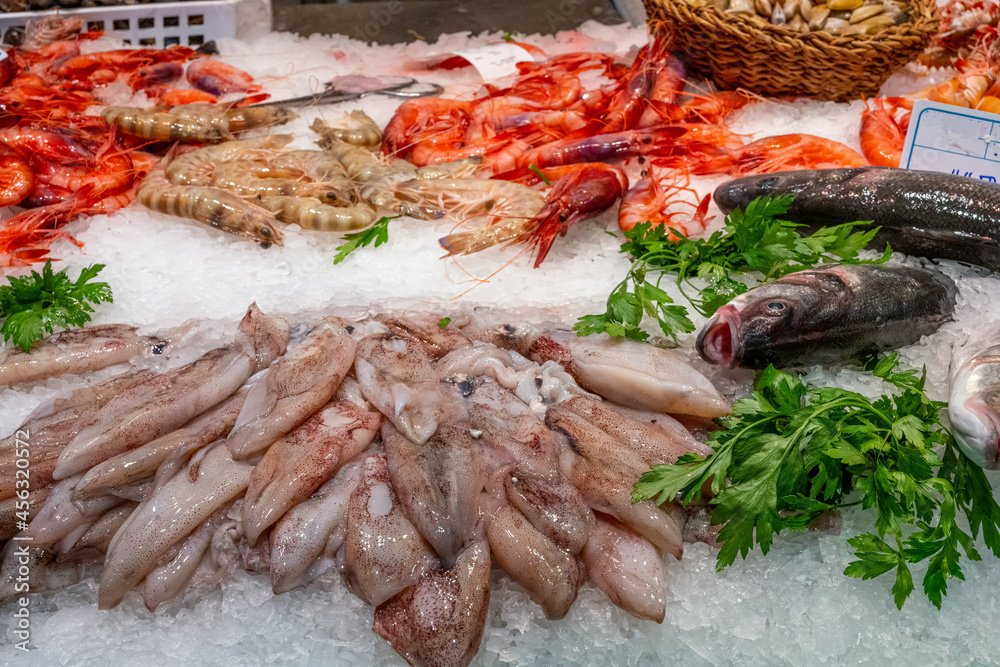 Squid and prawns for sale at a market in Spain