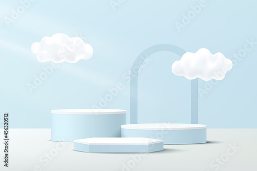 Abstract White, Blue 3D hexagonal and cylinder pedestal podium with cloud flying and arches backdrop. Pastel blue minimal scene for product display presentation. Vector geometric rendering platform.