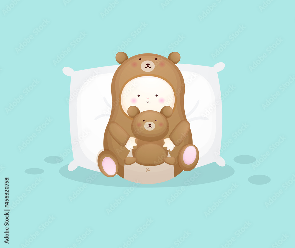 Cute baby in bear costume hugging teddy bear. Mascot cartoon illustration Premium Vector Cute baby in bear costume hugging teddy bear. Mascot cartoon illustration Premium Vector