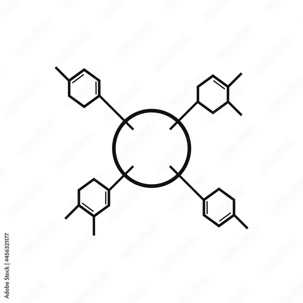 four hexagons connected by a line to a circle
