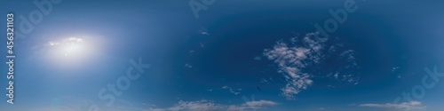 Blue sky panorama with Cirrus clouds. Seamless hdr 360 degree pano in spherical equirectangular format. Complete zenith for 3D visualization, game and sky replacement for aerial drone 360 panoramas.