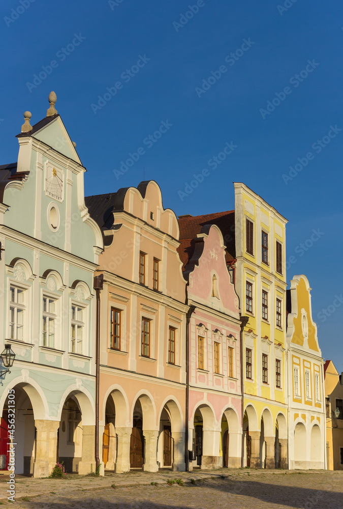 Pastel colors of historic houses at the market square of Telc, Czech Republic