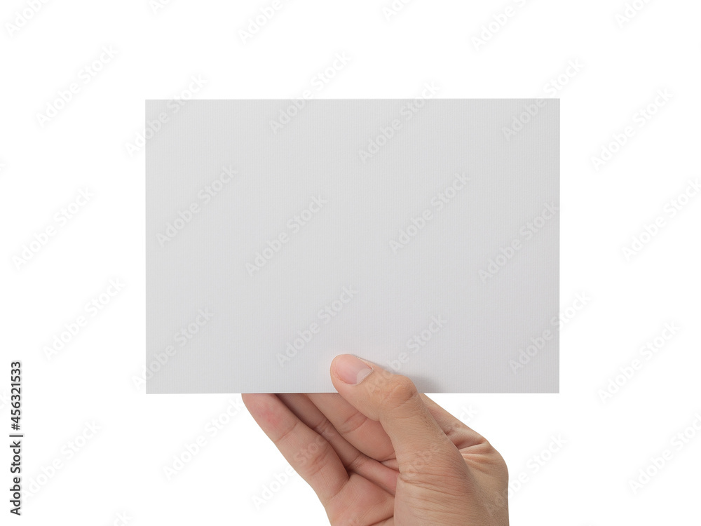 Fototapeta premium Hand holding blank paper isolated on white background with clipping path, Greeting card mockup.
