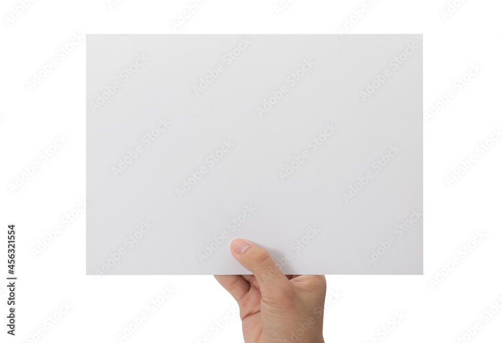 Fototapeta premium Hand holding blank paper isolated on white background with clipping path, Poster Mockup.