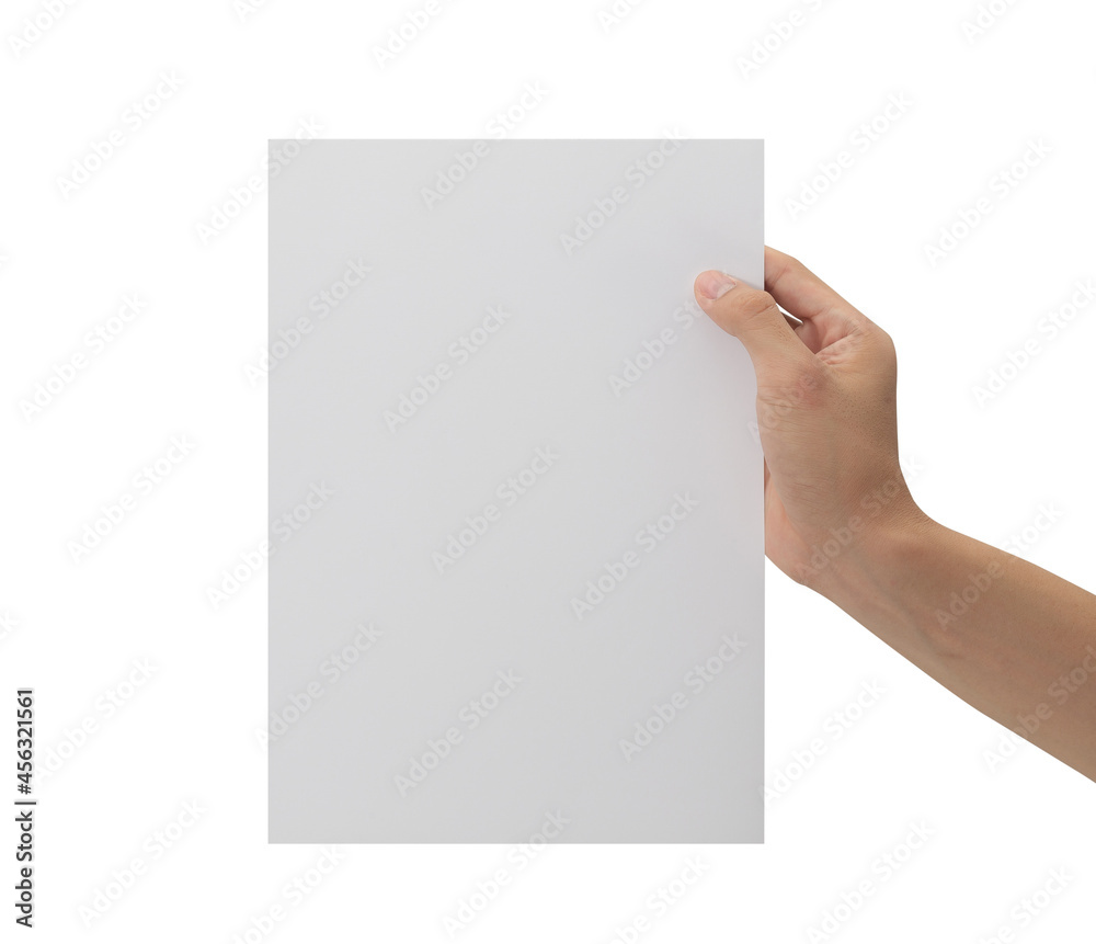 Hand holding blank paper isolated on white background with clipping path,  Poster Mockup. Stock Photo