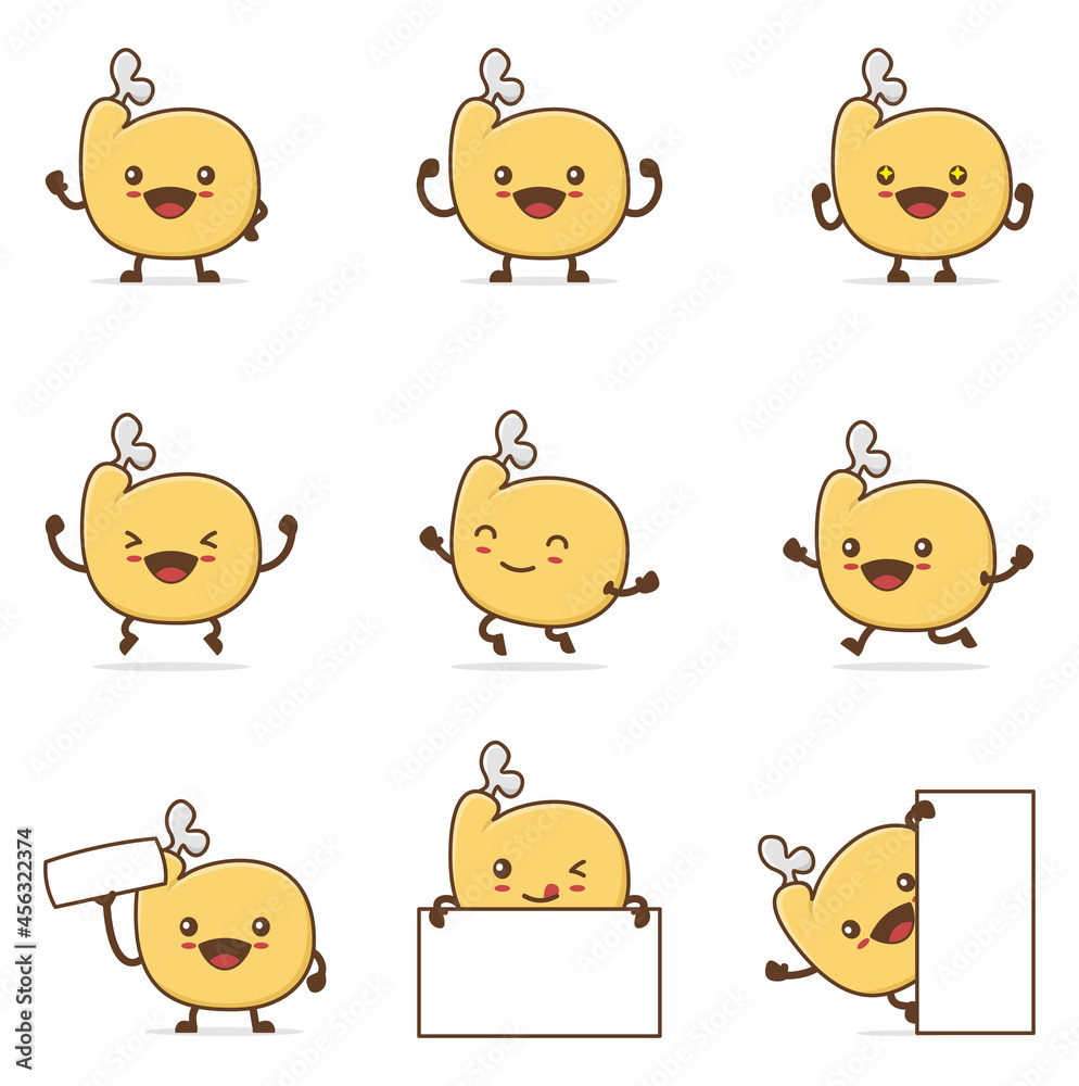Obraz premium cute chicken thigh cartoon. with happy facial expressions and different poses