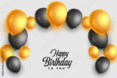 realistic happy birthday card with golden and black balloons