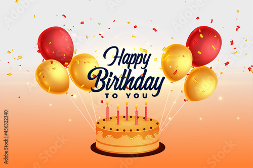 happy birthday background with balloons and cake