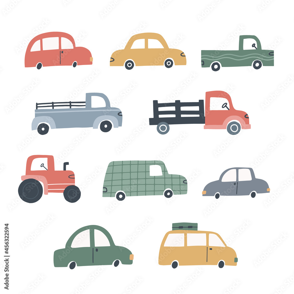Set of different cute cars. Hand drawn vector illustration for kids design Set of different cute cars. Hand drawn vector illustration for kids design