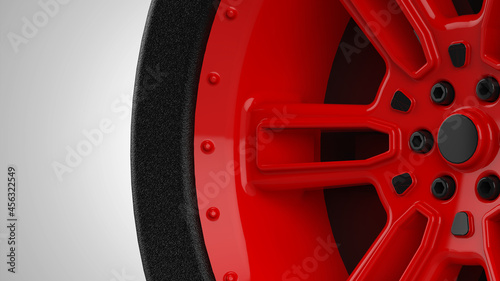 Close up of a wheel. High Resolution. 3D Rendering Image. Red Rim Tire. Simple Tire Tread. Close-up View.