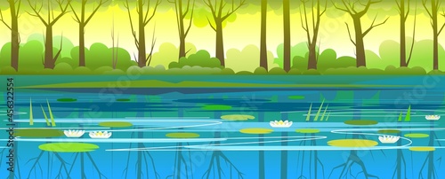 Bank of river,lake in summer forest. Beautiful natural wild landscape. Place for recreation and fishing. Yellow morning light.vWater flow with waves and reflection. Background illustration vector