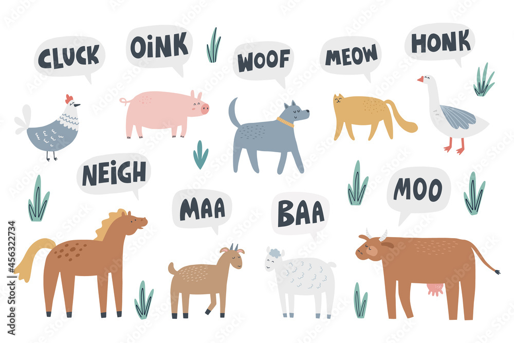 Set of cute farm animals that say their sounds. HAnd drawn vector illustration with lettering for kids design